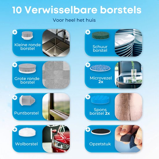 Beepro - Elektrische Schoonmaakborstel - Schrobber met Steel - 10 Opzetstukken