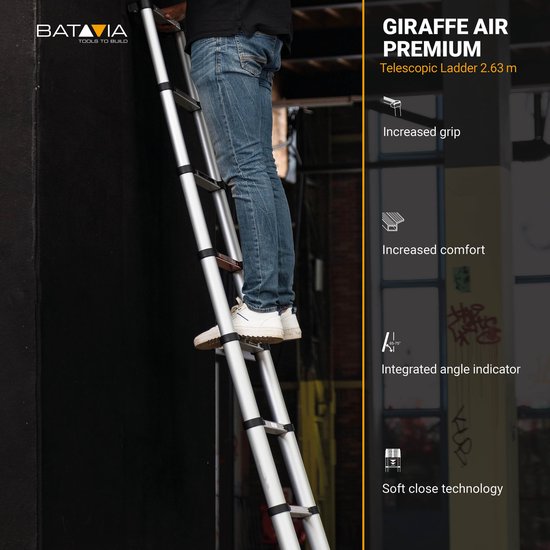 Batavia Telescopische ladder 2.63m - SoftClose & AntiSlip - Uitgeschoven lengte 263cm - Antislip - Gepatenteerde soft-close - Max. belasting 150kg - Werkhoogte 363cm - Giraffe Air