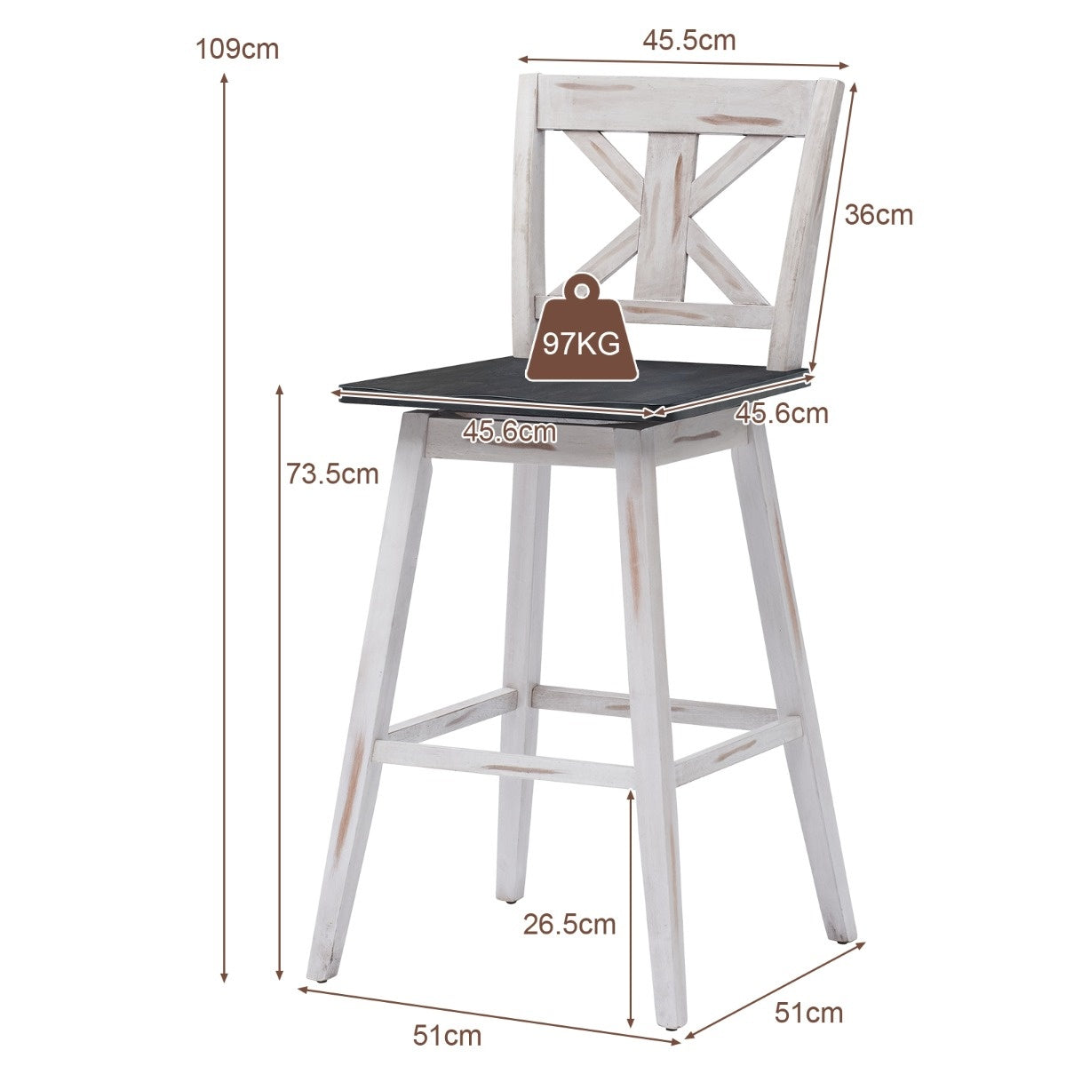 Coast Bar Stool 2 Set Vintage Bar -stoelen met 360 ° roterende stoel en niet -slip coating 73,5 cm wit