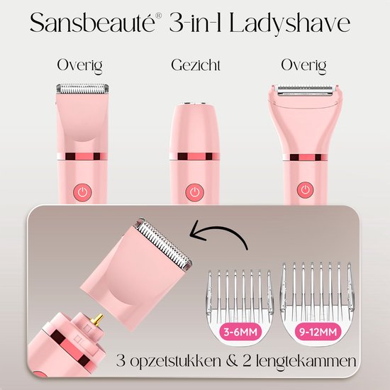 3-in-1 Ladyshave met Display - Gezicht - Oksels - Benen - Bikinilijn - Sansbeauté® - Scheerapparaat Vrouw - Ontharingsapparaat Electrisch Ontharen - Gezichtsontharing Dames - Trimmer Vrouw - Ladyshaves Bikini - USB Oplaadbaar
