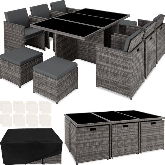tectake® Loungemeubelset - Wicker tuinset - 6 stoelen, 4 krukken en 1 tafel - Tuinmeubelen voor balkon, tuin en terras - Inclusief beschermhoes en kussens - Met 2 kleuren hoezensets - Gemakkelijk te onderhouden - Glazen tafelblad - Grijs