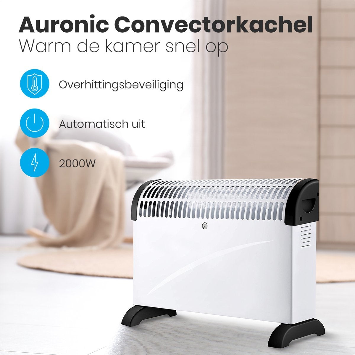 Auronic Elektrische Convectorkachel - 750/1250/2000 Watt - Verstelbare Thermostaat - Wit - 53.5x19.6x38.5
