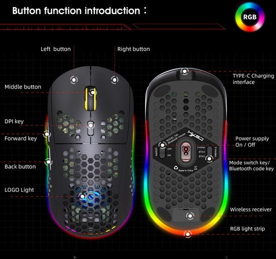 HXSJ T90 2.4G Draadloze Gaming Muis - Bluetooth - Computermuizen - Ultra licht - RGB Verlichting - Zwart