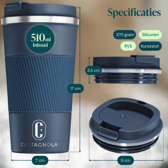 Castagnola Thermosbeker - Koffiebeker To Go - Travel Mug voor Koffie en Thee - Theebeker - 510 ML - RVS - Donkerblauw