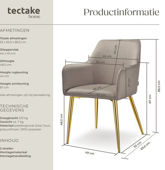 tectake® Eetkamerstoel Avane - Fluweellook - Gestoffeerde stoel met ergonomische armleuningen - Slanke stalen gouden poten - Draagkracht 120 kg - Comfortabele eetkamer- en keukenstoel - Set van 2 - Taupe