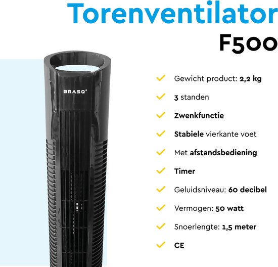 BRASQ Torenventilator F500 – 80 cm Hoog – Zwart – Stil – Met Afstandsbediening – Timer & Slaapmodus – Staande Ventilator – 50W – Voor Slaapkamer & Kantoor