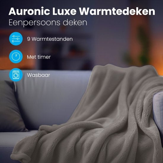 Auronic Elektrische Deken - Warmtedeken - 9 Warmtestanden - 1 Persoons - 160x120cm - Grijs
