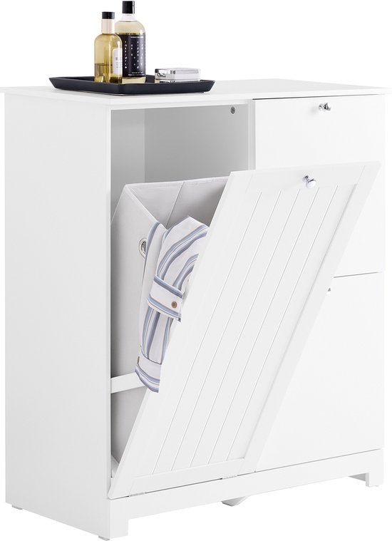 SoBuy Badkamermeubel met 3 wasmanden, smalle opbergzuil, 78 x 38 x 90 cm, met 1 grote geïntegreerde mand en 2 afneembare stoffen manden, ruimtebesparende badkamerkast BZR213-W