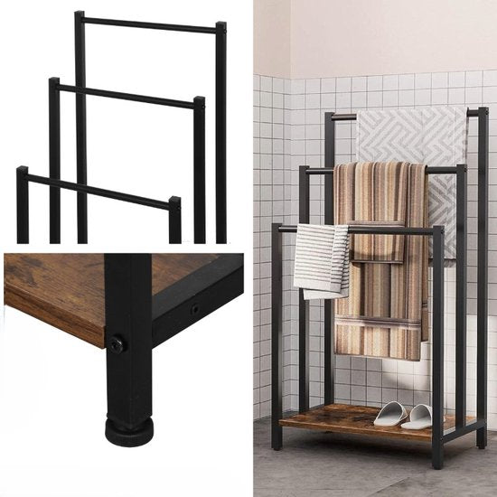 Ceruzo Handdoekrek - Industrieel- Vrijstaand - Metaal - 3 Armen - Mat Zwart-Houtlook-Badkamer / Keuken