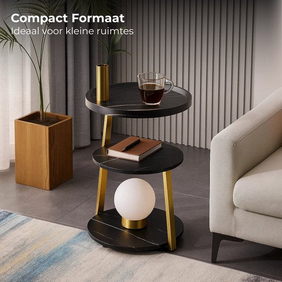 Lomera Moderne Bijzettafel - Zwart Goud - Goudkleurig Metalen Frame - Zwart Gemarmerd - Mdf Materiaal - Ronde Bijzettafel - Woonkamer Tafel - Luxe Design - Marmer Look - Veelzijdigheid & Flexibiliteit - Ruimtebesparend - Stelpootjes