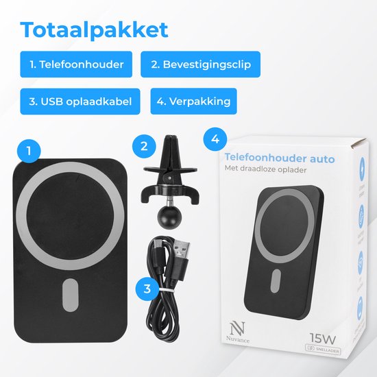Nuvance Telefoonhouders Auto - Geschikt voor MagSafe iPhone 12/13/14/15/16 - Telefoonhouder - Draadloze Oplader - Gsm Houder Auto
