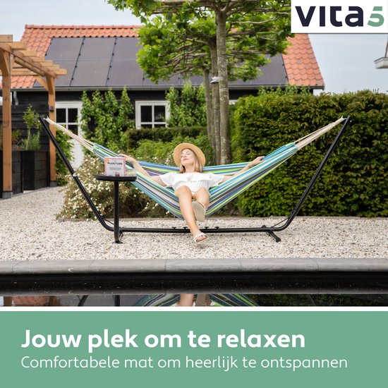 Vita5 Hangmat met Standaard – 2 Persoons – Incl. Bekerhouder – 205kg Draaggewicht – Groen/Blauw