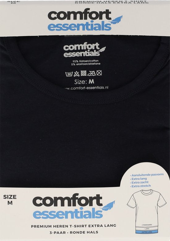 Comfort Essentials - T Shirts Heren - Extra Lang - Navy - Maat L - 3 Pack - Ronde Hals - Ondershirt Heren