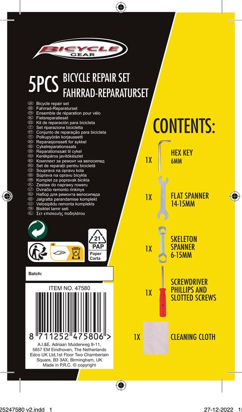 Bicycle Gear Fiets Reparatieset 5-Delig - Fietsgereedschap - Schroevendraaier, Skeletsleutel, Inbussleutel, Moersleutel en Schoonmaakdoekje - Zilver