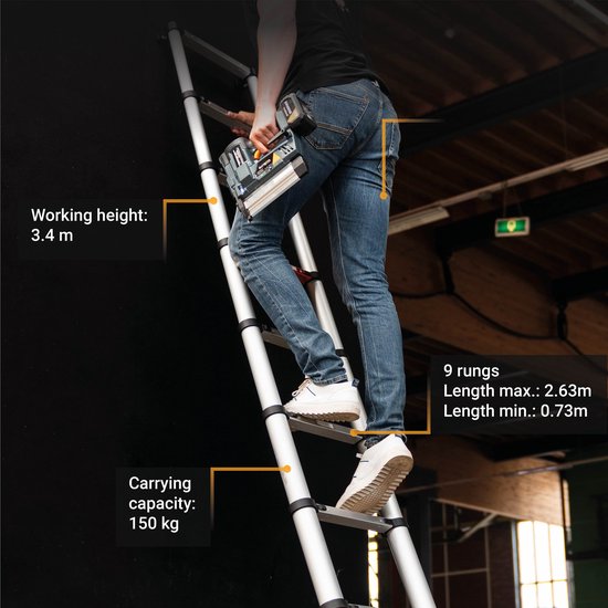 Batavia Telescopische ladder 2.63m - SoftClose & AntiSlip - Uitgeschoven lengte 263cm - Antislip - Gepatenteerde soft-close - Max. belasting 150kg - Werkhoogte 363cm - Giraffe Air
