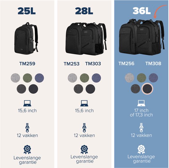 TRVLMORE Rugzak met Levenslange - Rugtas met 17 Inch Laptopvak - Schooltas - Spatwaterdicht - Heren en Dames - Jongens en Meisjes - 36L - Zwart