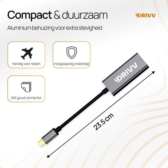 Drivv. USB-C naar Ethernet Adapter / Internet / Netwerk - 10/100/1000 MBps - Grijs