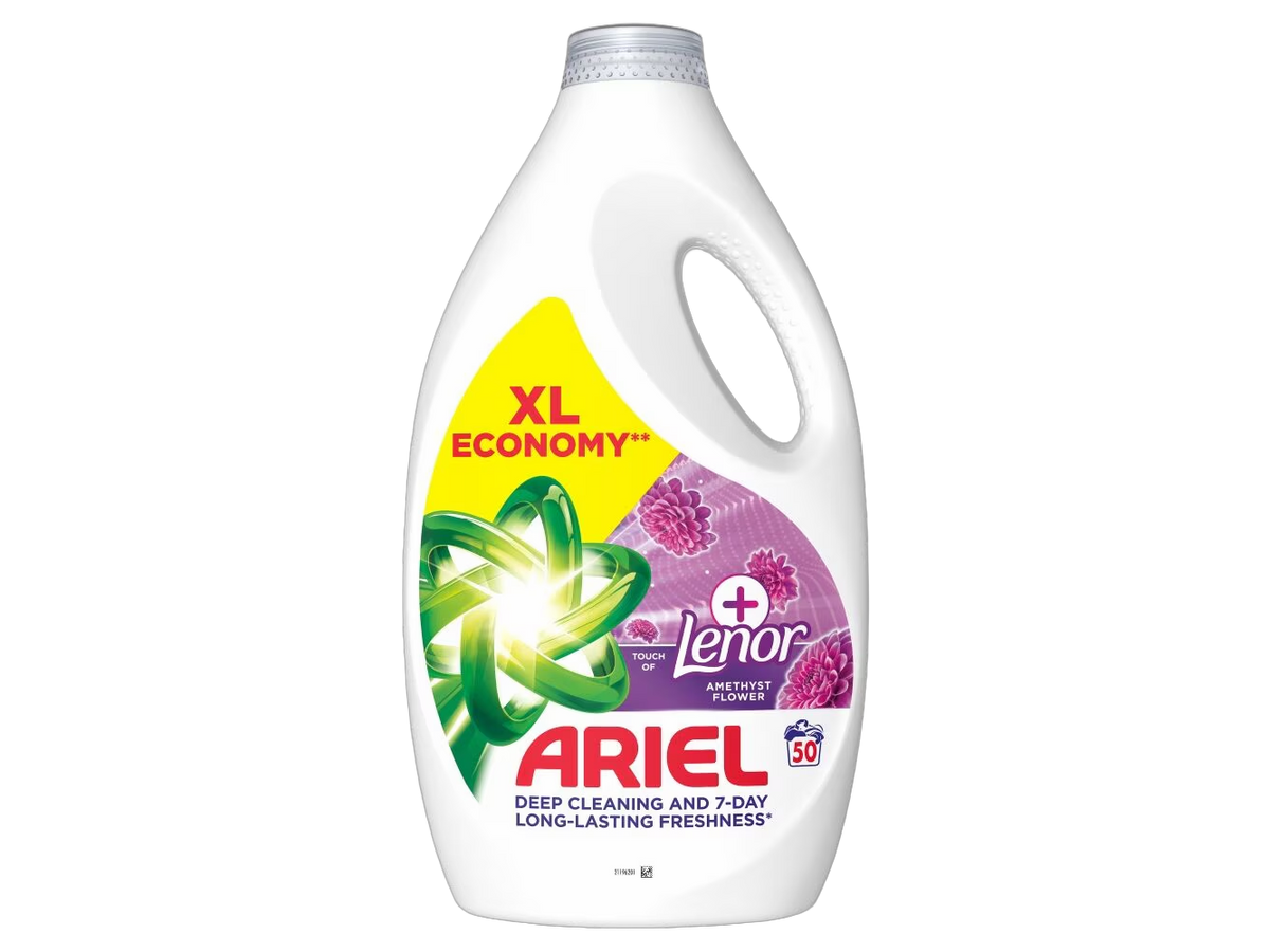 Ariel Vloeibaar Wasmiddel + Lenor Amethyst Flower - 4 x 2,25 l - 200 Wasbeurten - Tot 7 Dagen Frisheid