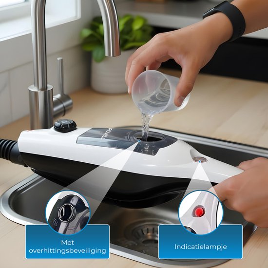 Powell Stoomreiniger - Handstoomreiniger - 2 in 1 - Tapijtreiniger - Stoomreiniger Vloer - Inclusief 10 opzetstukken - 240 V - 1300 W - Zwart/Wit