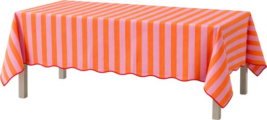 Mica Decorations Gestreept Tafelkleed voor Eettafel - Tafellaken voor Binnen en Buiten 250 x 140 cm - Tafelzeil 100% Katoen - Oranje, Roze