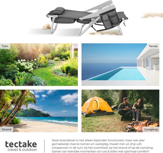 tectake® Strandstoel Coral - Opvouwbare Campingstoel met Koeltas en Opbergtas - 5-voudig Verstelbare Rugleuning met Hoofdkussen - Brede Armleuningen met Bekerhouder / Telefoonhouder - Inklapbare Kampeerstoel - Grijs