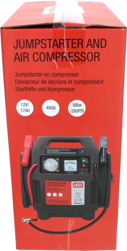 Carpoint Jumpstarter – 12 Volt – Met luchtcompressor - Piekvermogen 400A – Opladen met 230 Volt of 12 Volt adapter – Maximale druk compressor 18 BAR/260 PSI – Ingebouwde LED verlichting – Afmeting 365x345x175mm