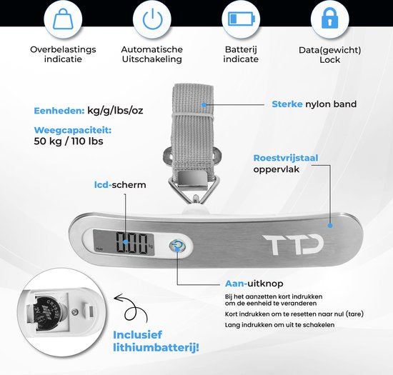 TTD® Kofferweegschaal - Tot 50 kg - Bagageweegschaal - Bagageweger - Hangweegschaal - Digital Luggage Scale - Kofferweger - Reizen met Vliegtuig - kg/g/lbs/oz - Inclusief Batterijen - Wit