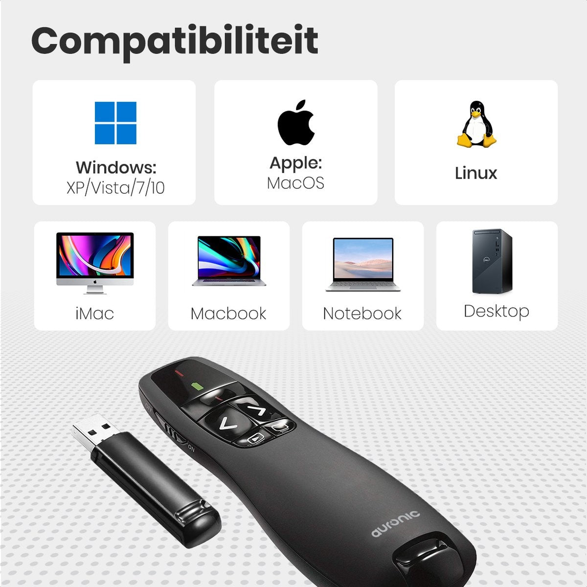 Auronic Presenter - Draadloos - Laser Pointer - Klikker - 20 Meter - Incl. Hoes - Zwart