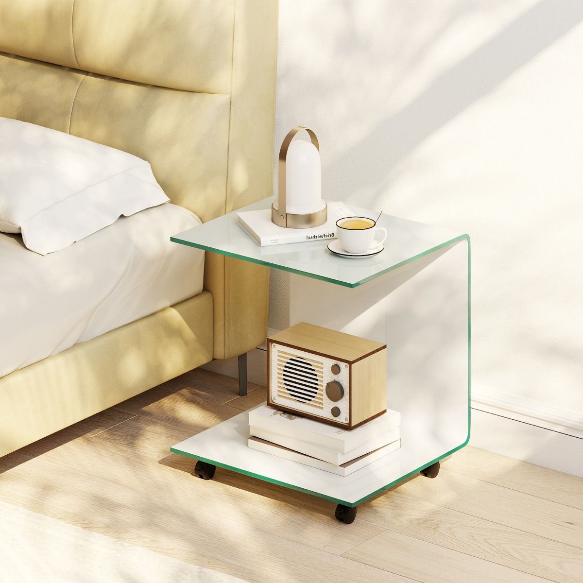 Coast C-vormige Bijzettafel - Wit - 39,5 x 45 x 48 cm - Gehard Glas - Met Vergrendelbare Wielen