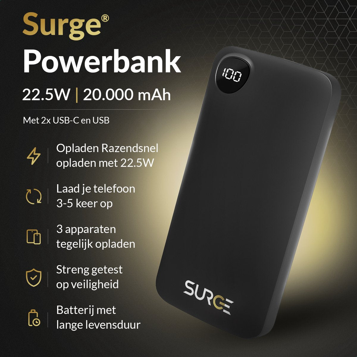 Surge Powerbank 20.000mAh - 22,5W Snellader - 2x USB-C & 1x USB-A - LED Display - Zwart - 14,5 x 6,8 x 2,9 cm