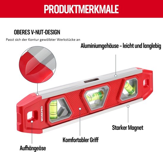 Merkloos Mini Torpedo Waterpas 23cm met 3 Bubbles & Magneet