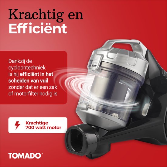 Tomado TVC2001B - Stofzuiger zonder stofzak - 2 liter - Zakloos - HEPA 12 filter - Lichtgewicht - Zwart