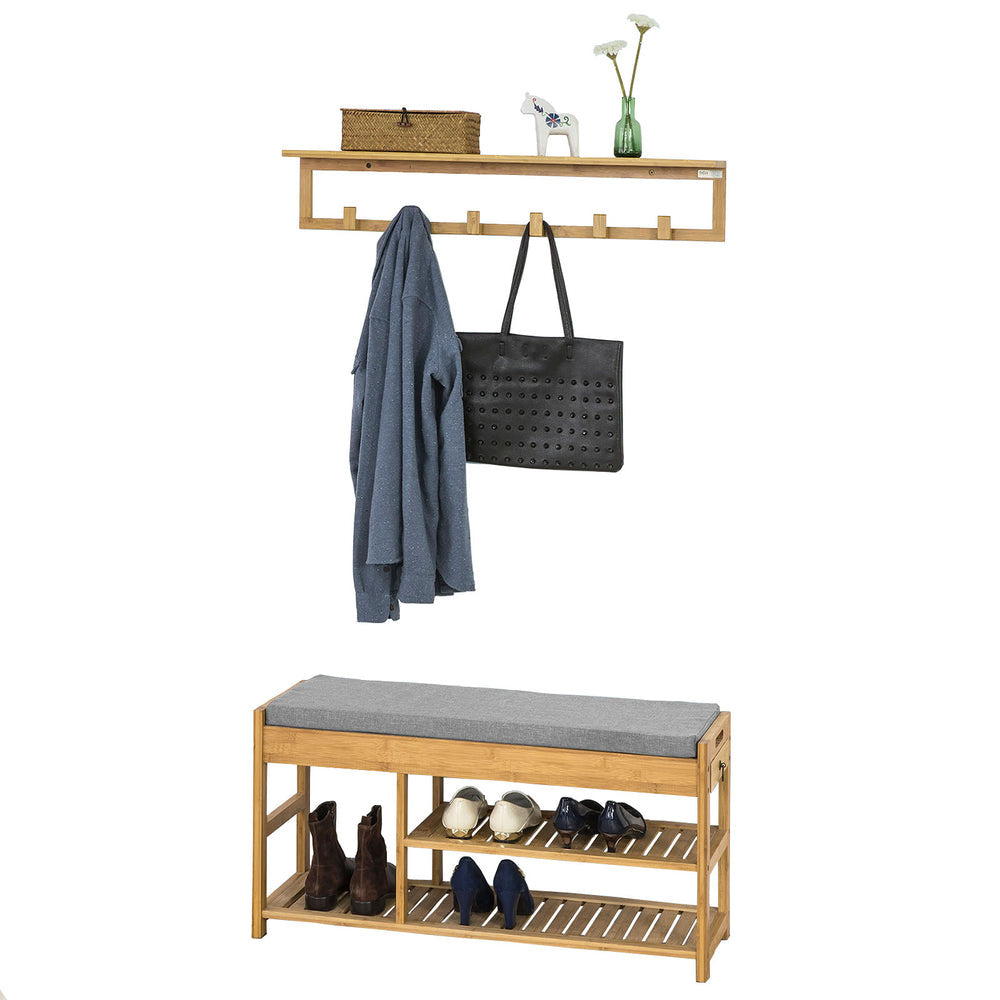 SoBuy FHK06-N Kapstok met Wandplank - 6 Haken - 90x12,5x16,5 cm - Bamboe