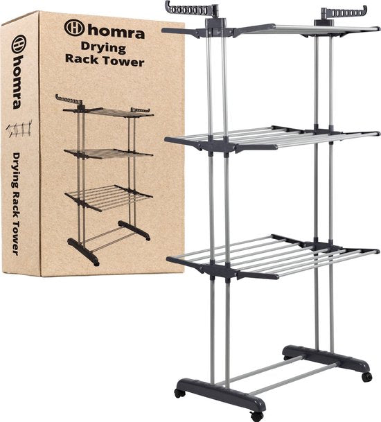 Homra Inklapbaar Wasrek - met Wieltjes - 45m Droogruimte - 77x50x170 CM - Zwart