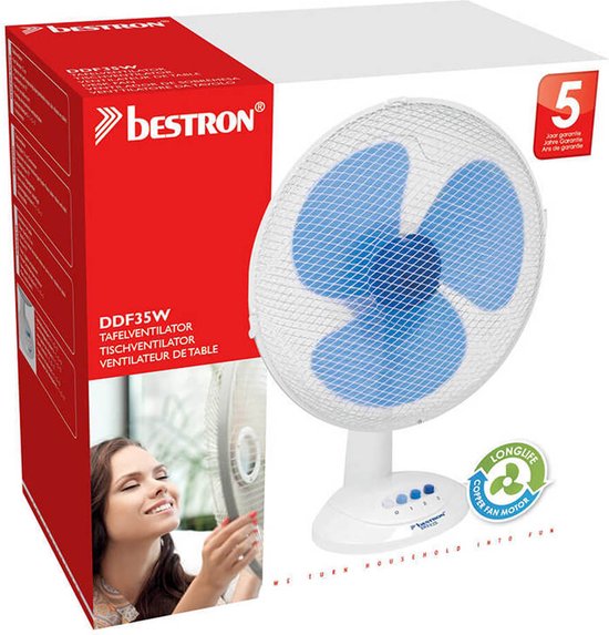 Bestron Tafelventilator Ø 35cm, Ventilator met 3 snelheidsstanden & 75° graden draaifunctie, 40Watt, DDF35W, kleur: wit