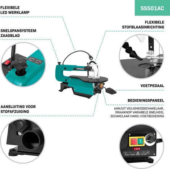 VONROC Figuurzaagmachine 120W – incl. voetpedaal – LED werklamp – Flexibele stofblazer - Incl. 6 zaagbladen