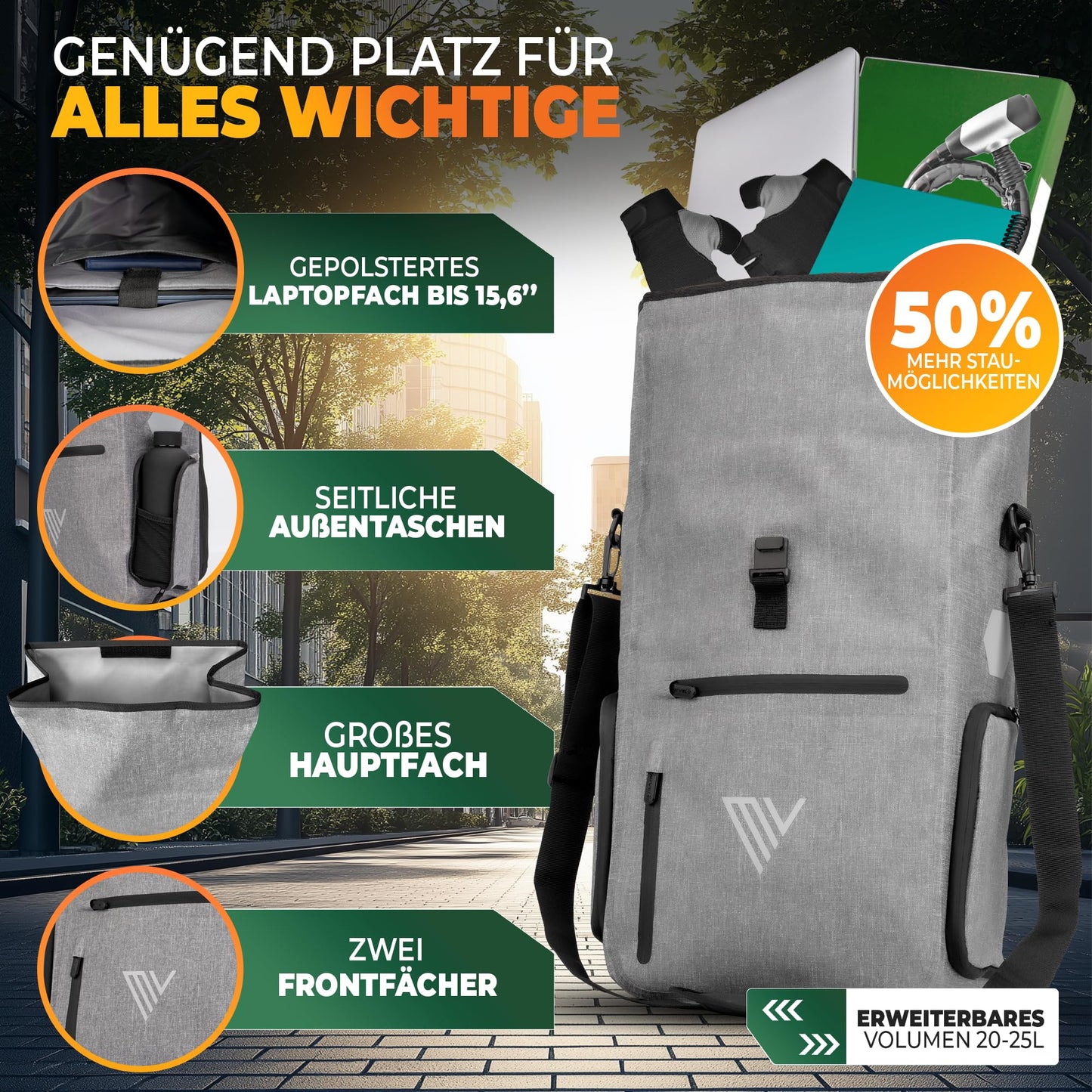 MIVELO EVO 25L 3 in 1 fietstas voor bagagedrager - rugzak en schoudertas - 100% waterdicht TPU - grijs