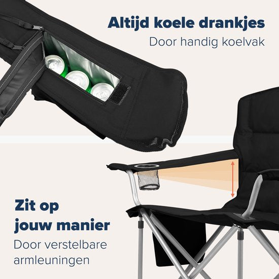 TRVLMORE Campingstoel - Opvouwbaar - Comfortabele Vouwstoel - 150 kg draagvermogen - Drankhouder - Koelvak - Zijvak - Zwart