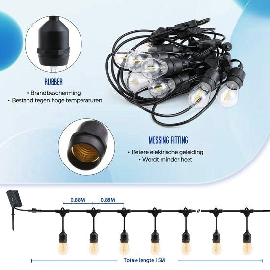 SHINE Lichtsnoer Buiten – Solar Prikkabel – Vintage Classic LED Slinger – 15m – Afstandsbediening