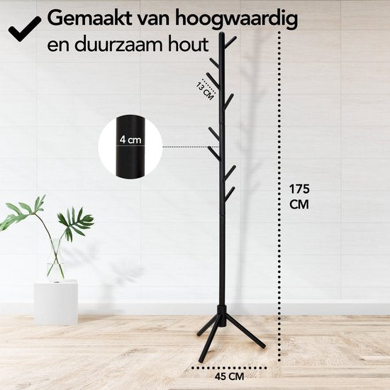 Brixy Kapstok - Staande Kapstok - 8 Haken - 175 cm - Kapstok Hout - Garderoberek - Zwart