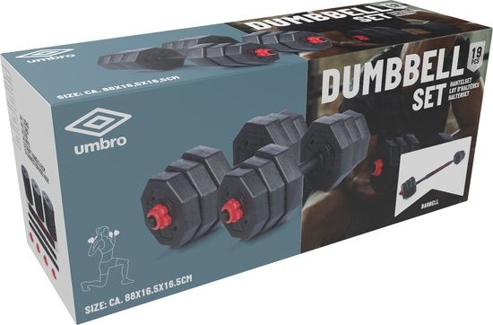 Umbro Halterset - 20 KG - Verstelbare Dumbells en Barbell - Gewichten van 1.25 KG, 1.5KG en 2KG - Kunststof
