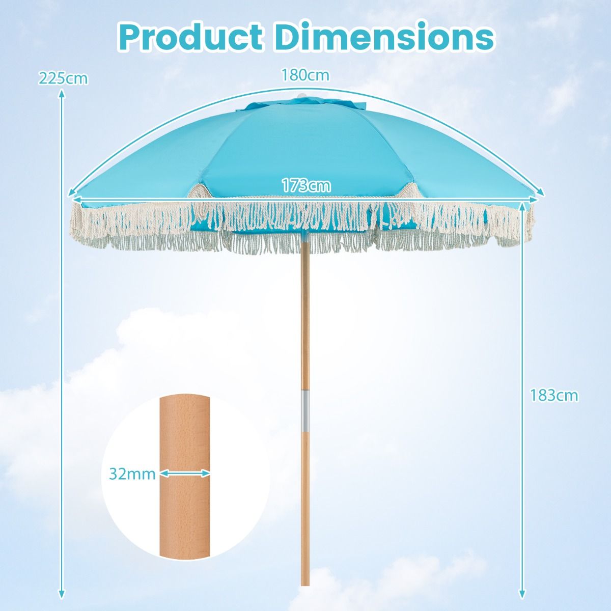 Coast tuinparasol met franjes - houten strandparasol - verstelbare hellingshoek - blauw