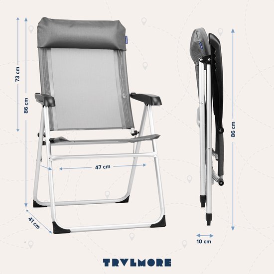 TRVLMORE inklapbaar Kampeerstoel – Verstelbare – 110 kg Draagvermogen – 44 x 40 x 10 cm – Grijs