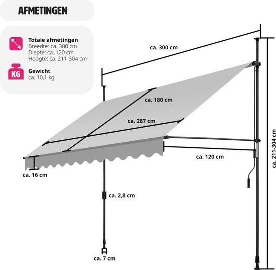 tectake - klemluifel - Zonnescherm – Zonneluifel - Verstelbaar - Klem-zonwering - Zonnescherm Balkon - 300 x 180 cm - lichtgrijs – zonwering - 404963