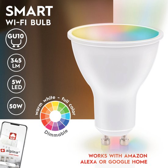 alpina Smart Home RGB Lamp - GU10 - 5W - WW + RGB - Slimme verlichting - LED - App Besturing - Spraakbediening - Amazon Alexa - Google Home