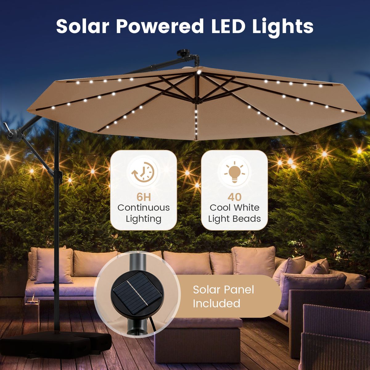 Coast terrasparasol met zonne-energie LED-verlichting - verstelbare slinger - beige - Ø350 cm