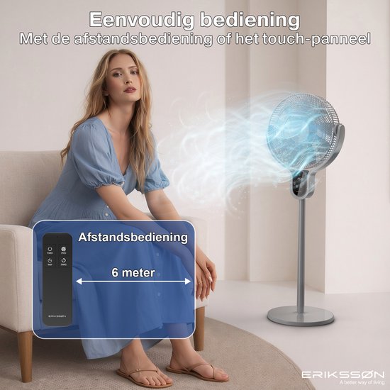 Erikssøn Statiefventilator - Stil En Krachtig 45W - 8 Snelheden - Verstelbaar - Staande Venitlator - Grijs