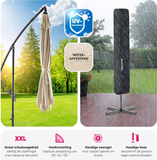 tectake - Rechthoekige parasol met beschermhoes en zwengel - Zweefparasol - Waterafstotend - Zonwering voor terrassen, tuinen en patio's - Balkonparasol groot - Marktparasol - Ø 250 cm - Beige