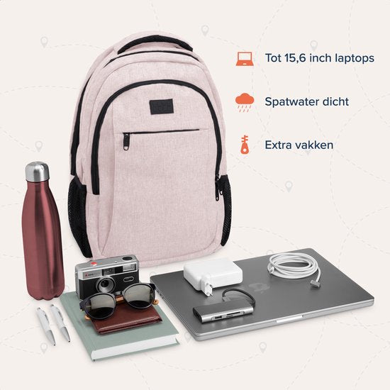 TRVLMORE Rugtas - 28L - 15,6 Inch - Laptop Rugzak met USB - Antidiefstal - Heren en Dames - Tas Roze