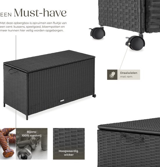 tectake® Wicker opbergbox - Outdoor kussenbox - Uitneembare binnenzak - Weerbestendig en afsluitbaar met deksel - Verrijdbaar - Inclusief 2 handgrepen, 2 wielen met rem en gasveren - Inhoud 297 l - Afmeting (LxBxH) 117 x 54 x 64 cm - Zwart